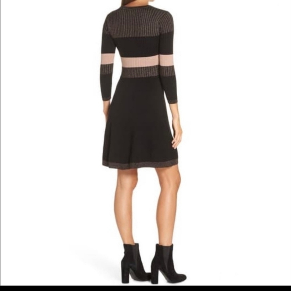 Eliza J Ribbed Fit & Flare Sweater Dress Pink shimmer black size.Large W… - Picture 3 of 10